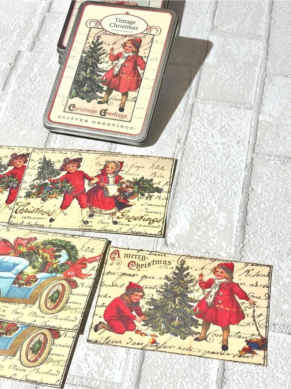 Cavallini 5 Cards & Vintage Theme Christmas Glitter Tin & Holiday Post Card Set